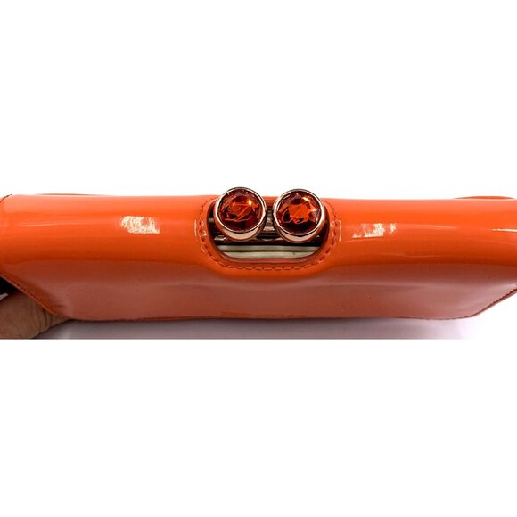 Ted Baker Wallet London Orange Patent Leather Crystal Kiss Lock Frenchie Lining - Picture 2 of 14